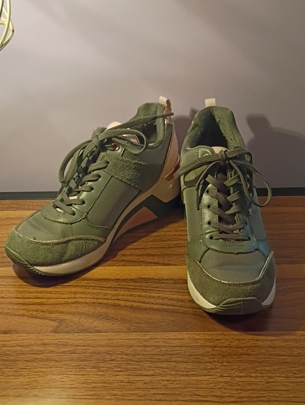 Sketchers Olive Green And Rose Gold Wedge Sneakers